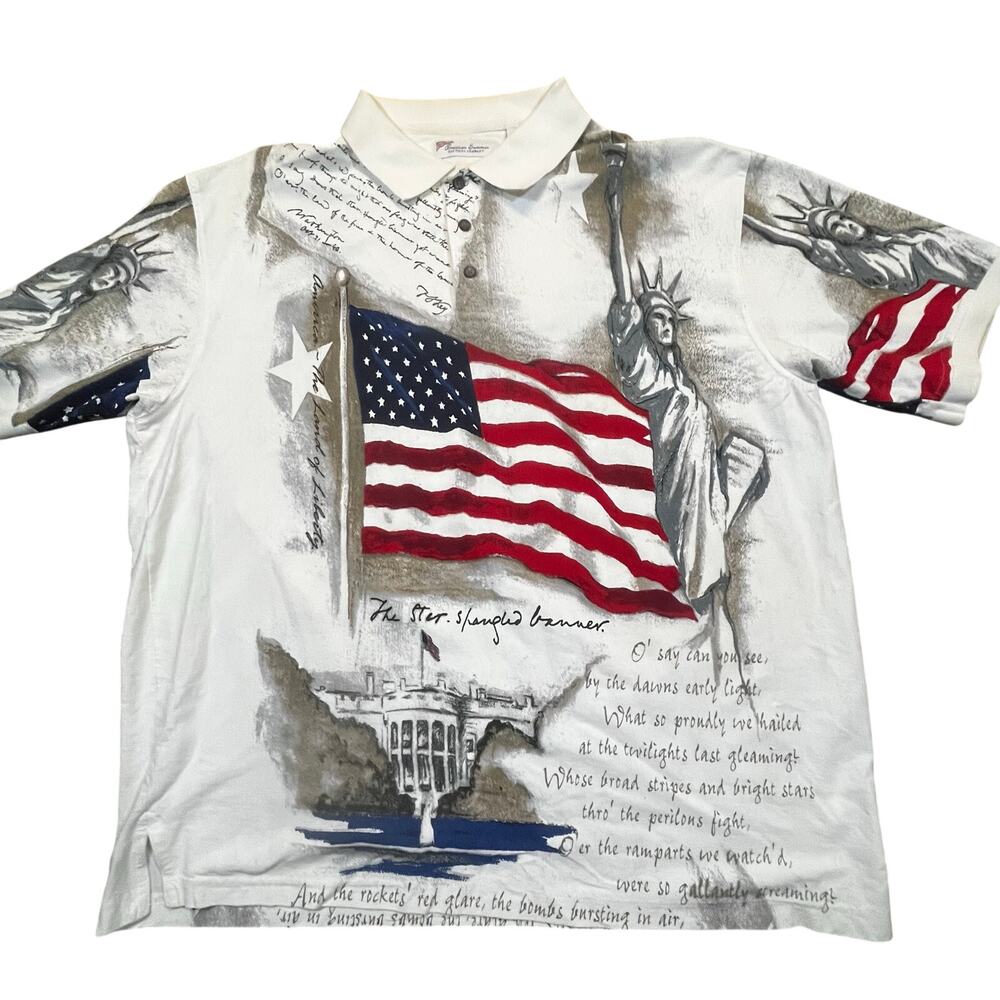 American Summer Patriotic Polo Shirt Men XL‎ Flag Statue Liberty USA Graphic